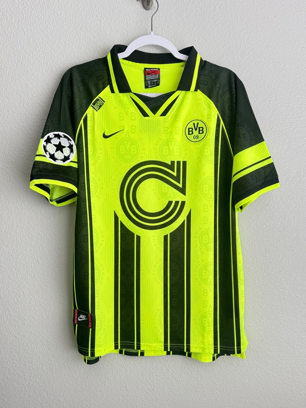 Vintage Borussia Dortmund 1996/1997 UCL home neon green soccer jersey